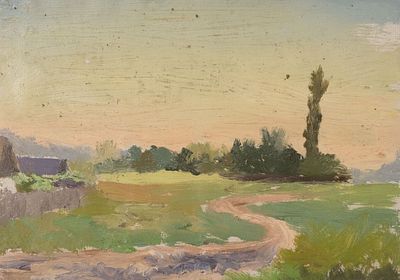 Трескин А. В. Пейзаж с тропинкой. Середина XX века. Картон, масло. Размер 18,5х26 см. Условно 