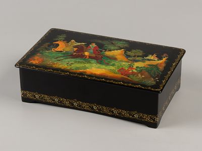 Шкатулка. Погоня. Авт. А. Смолова. Палех. 1956. Папье-маше, роспись, лак. Размер 20,2х12,2х6 