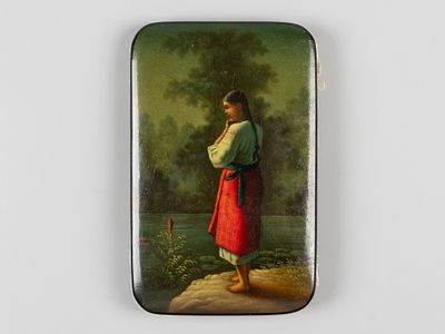 Визитница. Лаковая миниатюра. Девушка на берегу. Фабрики Лукутина. Федоскино, вт. пол. XIX в. 