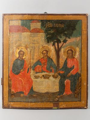Икона. Ветхозаветная Троица. Поздняя запись конца XVIII на иконе XVII в. Дерево, паволока 