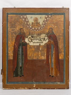 Икона храмовая, местночтимая. Соловецкие чудотворцы Зосима и Савватий с монастырем в руках. 