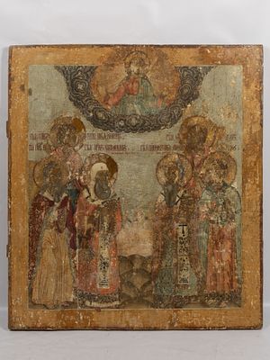 Икона. Избранные святые: Святой Георгий, пророк Илья, митрополит Петр, святой великомученик 