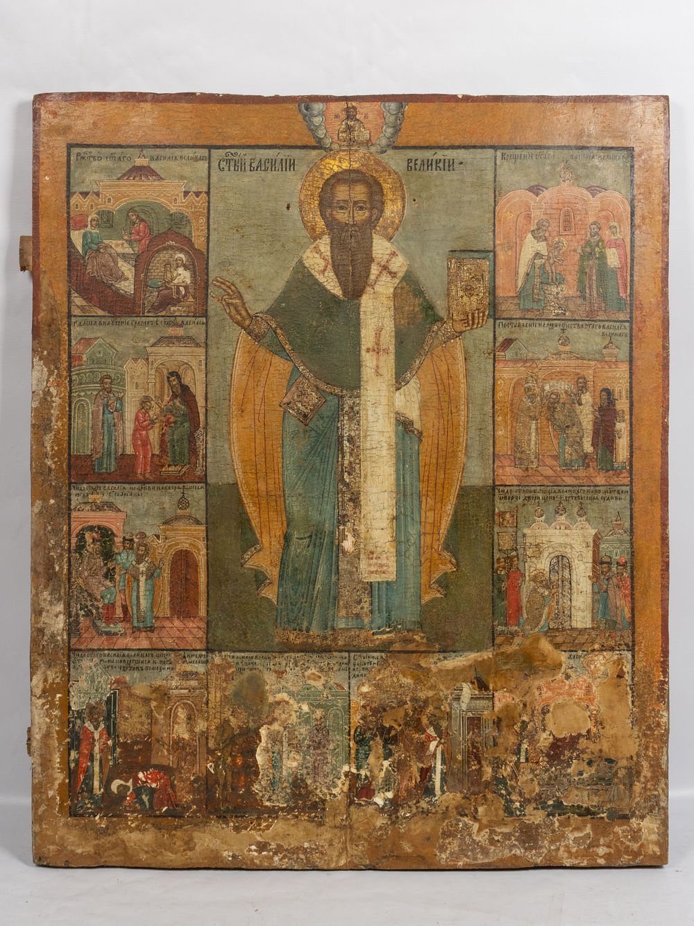 Икона храмовая. Святой Василий, в житии (в 10-ти клеймах). Русский Север, Вологодские земли 