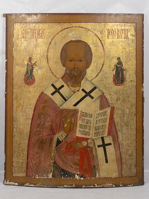 Старообрядческая икона храмовая. Святой Николай Чудотворец с Богоматерью и Иисусом. Поволжье 