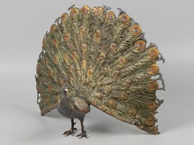 Статуэтка. Павлин. Бергман. Вена, конец XIX в. Бронза, литье, роспись. Размер 28,5х36 х20 см. 