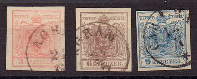Почтовые марки Австрии. 1850 г. Набор из 3-х марок. Мих. №3 Y-5 Y. Гашеные.