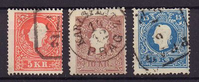 Почтовые марки Австрии. 1858 г. Набор из 3-х марок. Мих. №13 II-15 II. Гашеные.