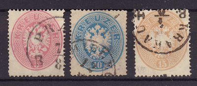Почтовые марки Австрии. 1863 г. Набор из 3-х марок. Мих. №26-28. Зуб. 14. Гашеные.