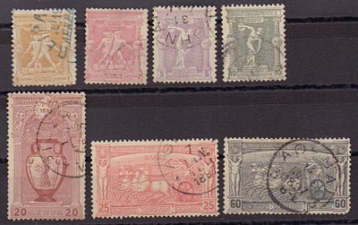 Почтовые марки Греции. Олимпика. 1896 г. Набор из 7-и марок. Мих. №96-101 и 103. Гашеные. У 