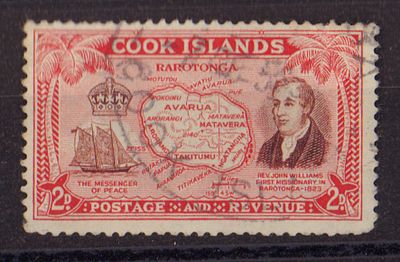 Почтовая марка острова Кука. Парусник. Карта. 1949 г. Мих. №80. Гашеная.