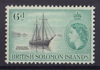 Почтовая марка Британских Соломоновых островов. Парусник. 1956 г. Мих. №88. Негашеная. Состояние *.