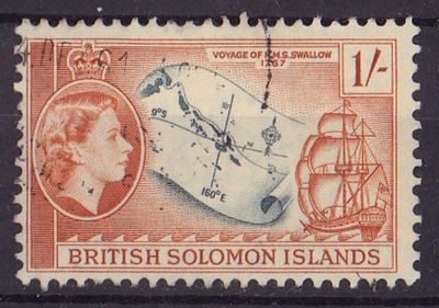 Почтовая марка Британских Соломоновых островов. Парусник. Карта. 1956 г. Мих. №91. Гашеная.