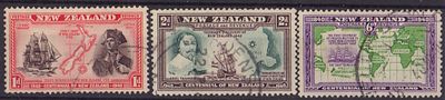 Почтовые марки Новой Зеландии. Парусники. Мореплаватели. Карты. Набор из 3-х марок. 1940 г. 