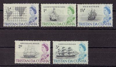 Почтовые марки Тристан да Кунья. Парусники. Карта. Набор из 5-и марок. 1965 г. Мих. №71-75. 