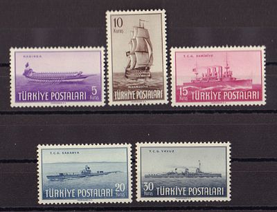 Почтовые марки Турции. Корабли. 1949 г. Мих. №1235-1239. Негашеные. Состояние *.