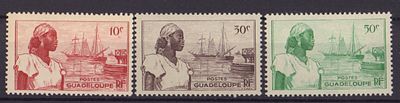 Почтовые марки Гваделупы. Парусники. Набор из 3-х марок. 1947 г. Мих. №214-216. Негашеные. 