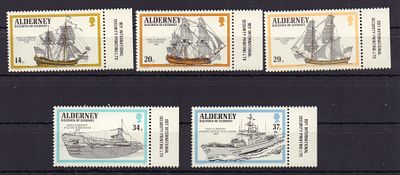 Почтовые марки острова Олдерни. Корабли. 1990 г. Мих. №43-47. Негашеные. Состояние **.