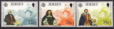 Почтовые марки острова Джерси. Парусники. Мореплаватели. 1992 г. Мих. №574-576. Негашеные. 