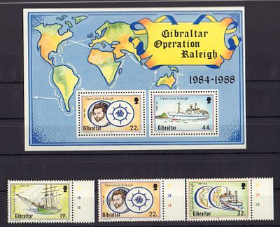 Почтовые марки Гибралтара. Корабли. 1988 г. Мих. №556-558 + Блок 11. Негашеные. Состояние **.