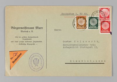 III Рейх. Конверт Burgermeisteramt 1935 Почта. Размер 13х19.5 см. Прошел почту. Маркирован. 