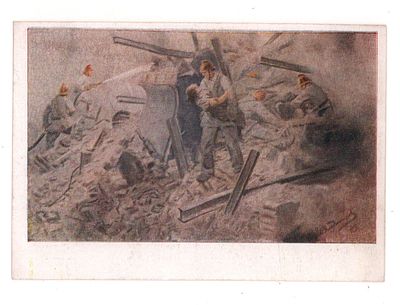 Худ. И.А. Владимиров. Ленинград в дни Отчественной войны. Пожарные спасают. Блокадная открытка. 