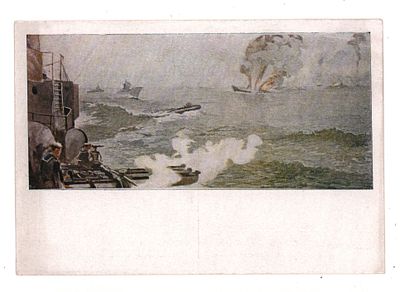 Худ. А.И. Заколодин. Морской бой. Блокадная открытка. Гдалин 568. "Искусство" №2698. Ленинград 
