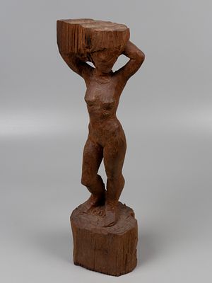Авт. Красницкая. Скульптура. Девушка. Ню. ХХ в. Красное дерево, резьба. Высота 43 см. Подпись 
