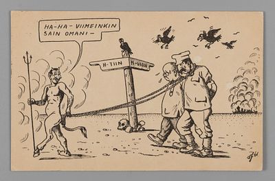 ВОВ. Карикатура. Сталина ведут в ад. Открытка. Финляндия 1941-1943. Открыточный формат. Финское 