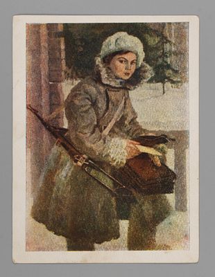 ВОВ. Связистка Худ. Одинцов. Открытка 1945. Отрыточный формат. Изд. Красный печатник. Помятости 