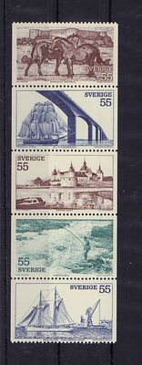 Почтовые марки Швеции. Парусники. 1972 г. Мих. №752-756. Сцепка. Негашеная. Состояние **.
