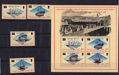 Почтовые марки Фальклендских островов. Корабли. 1986 г. Мих. №449-452 + Блок 6. Негашеные. 