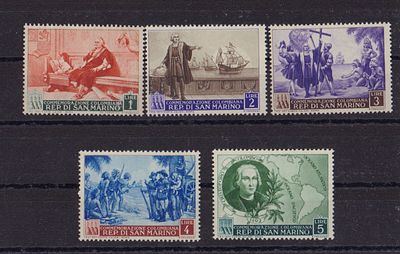 Почтовые марки Сан-Марино. Мореплаватель. Парусник. 1952 г. Набор из 5-и марок. Мих. №464-468. 