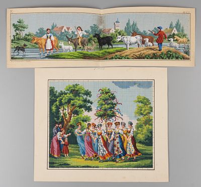 Пастухи и хоровод. Рисунки для счетной вышивки. 2 л. Берлин. 1810-1820-е гг. Бумага