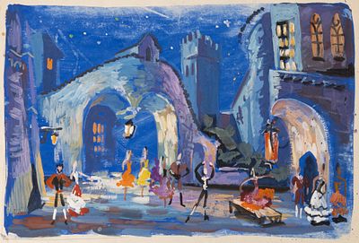 Хрущева А. В.(?) Эскиз декорации к спектаклю. 1960-е гг.(?) Бумага, гуашь. Размер листа 19,5х28