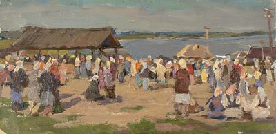 Румянцева Г. А. Рынок в Васильсурске. 1955. Картон, масло. Размер 19х38,5 см. Хорошее