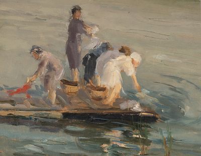 Орехов Л. Н. На плоту. 1948. Картон, масло. Размер 19,5х25 см. Хорошее состояние. Следы