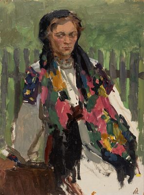 Афонина Т. К. Девушка с Карпат. 1958. Картон, масло. Размер 24,7х25,3 см. Хорошее состояние.