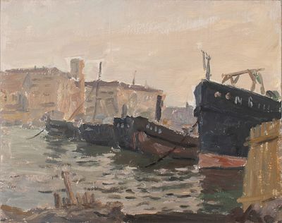 Захарьян Р. А. Баржи у причала. 1956. Картон, масло. Размер 26х33 см. Хорошее состояние.