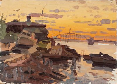 Семенов А. М. Закат над Невой. 1957. Картон, масло. Размер 25х35 см. Условно хорошее состояние.
