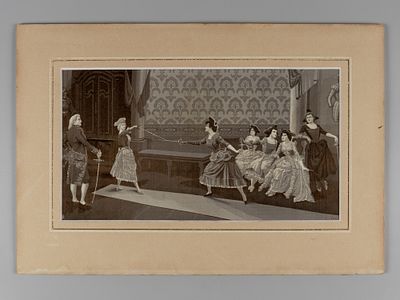 Neyret Freres. Вышивка на шелке в паспарту. Урок фехтования. Франция, кон. XIX в. Размер в