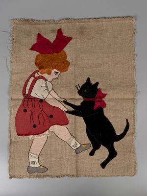Вышивка с аппликациями на ткани. Девочка с котом. 1930-40 гг. Бархат, хлопок, атлас, кружево