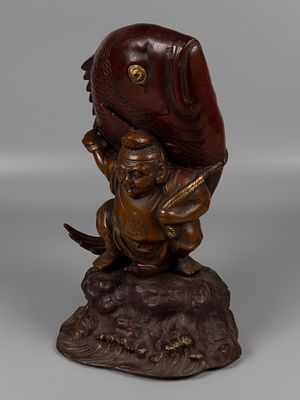 Скульптура. Бог Эпису и рыба Тай (лещ). Япония 1930-1940-е.Бронза, литье, монтировка. Высота 37 см.
