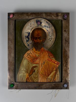 [Модерн] Икона в окладе. Николай Чудотворец. Москва, рубеж XIX-XX в. Дерево, темпера, бел. 