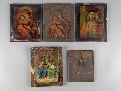 Иконы. 5 шт. кон. XIX-нач. XX вв. Литография, дерево, металл, смешанная техника. 1. Троица