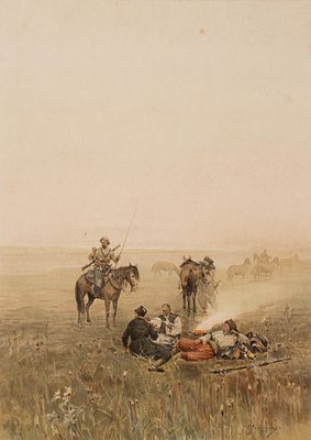 Раннее утро у запорожцев. Премия "Нивы". Хромолитография по картине С. И. Васильковского. 