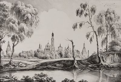 Вид Симонова монастыря от Сергиевского пруда. По оригиналу К. И. Рабуса. Лист из издания: 