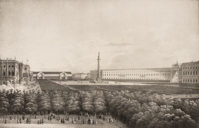 Раев В. Е. (по оригиналу), Разумихин П. И. (литограф). Парад на Дворцовой площади 9 сентября 