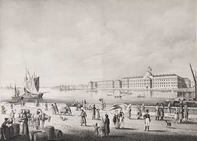 Кнайзель А. (по рисунку), Брандт А. (литограф) Панорама Санкт-Петербурга. Вид на набережную. 