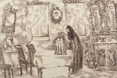 Каплан А. Л. Женщина с подсвечником. 1950-1960-е гг. Бумага, литография. Размер по раме 40х56 см. 