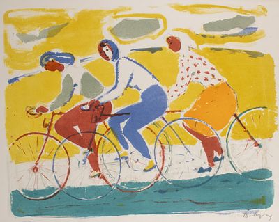 Матюх В. Ф. На велосипедах. 1968. Бумага, цв. автолитография. Размер листа 47х59 см. Хорошее 